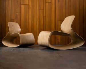 Two wooden sculpted chairs. Design Mumbai.